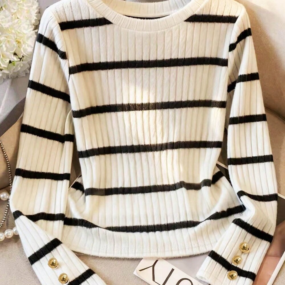 Black And White Casual Women's Ribbed Crew Neck Long Sleeve Thick T-Shirt